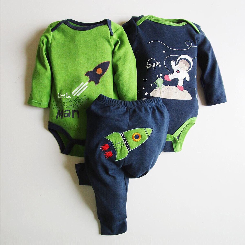 Set body suit dài tay 3 chi tiết hàng xuất dư cho bé trai và bé gái 0-12 tháng