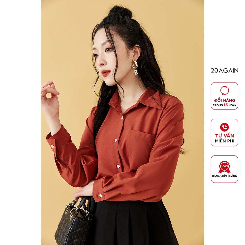 Áo sơ mi nữ dài tay cổ đức 20again, thiết kế túi trước ngực thanh lịch ASW1169