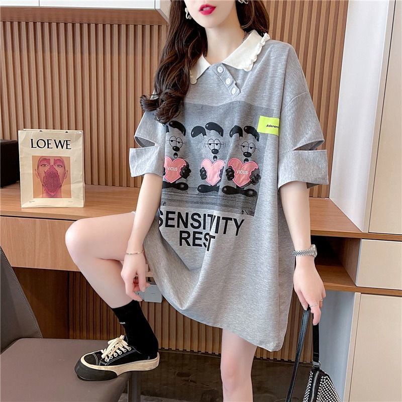 Áo polo Ngắn Tay Dáng Rộng Thêu Họa Tiết Hoạt Hình Thời Trang Mùa Hè Cho Nữ