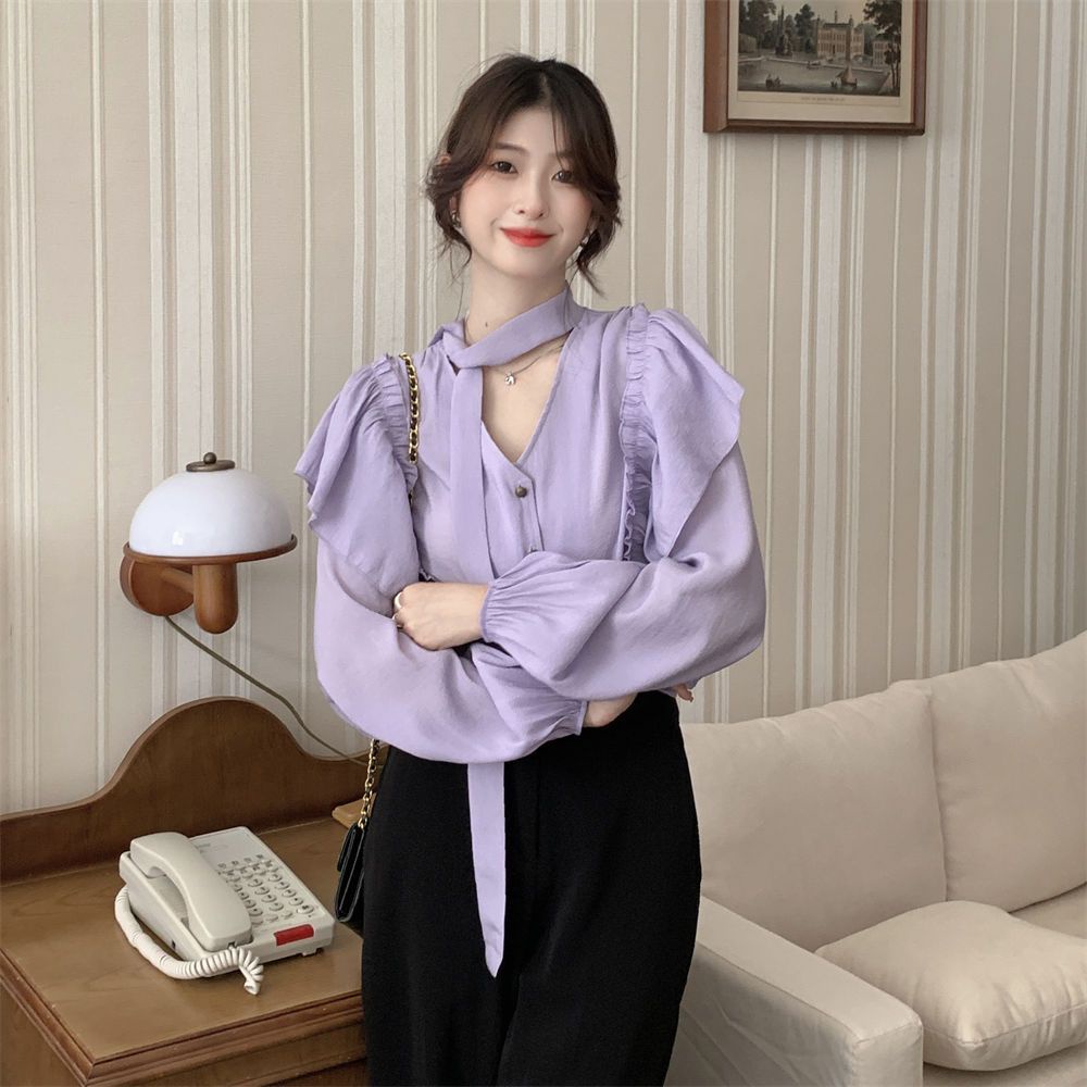 Ethelgirl Áo Sơ Mi Nữ Tay Dài Cổ Chữ v Dáng Rộng Thời Trang