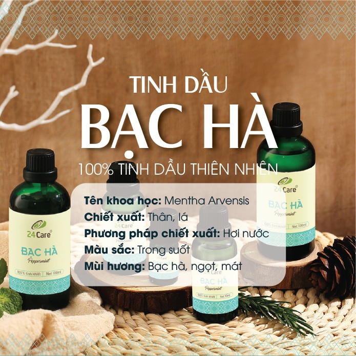 Combo 2 chai Tinh dầu 24Care Quế, Bạc Hà - (10ml/chai)