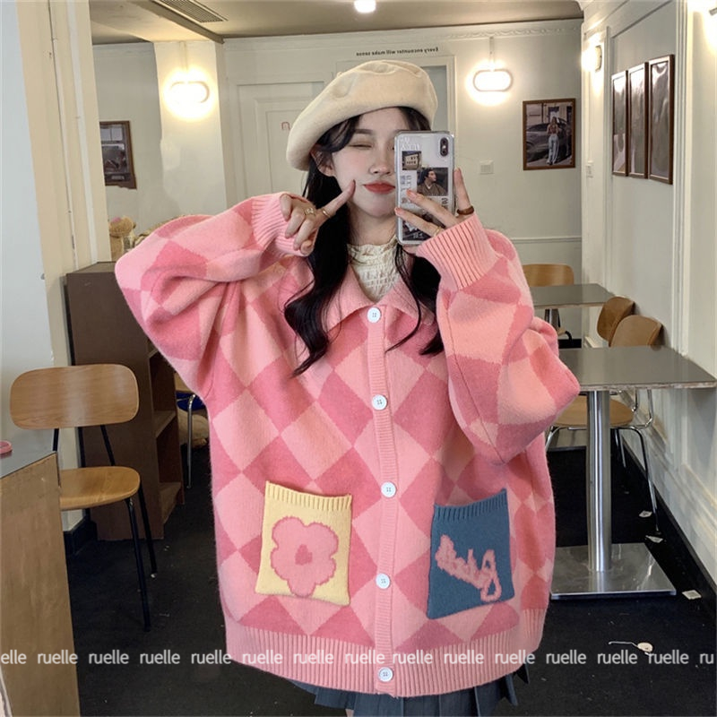 Áo khoác cardigan tay dài dáng rộng họa tiết hình thoi bắt mắt