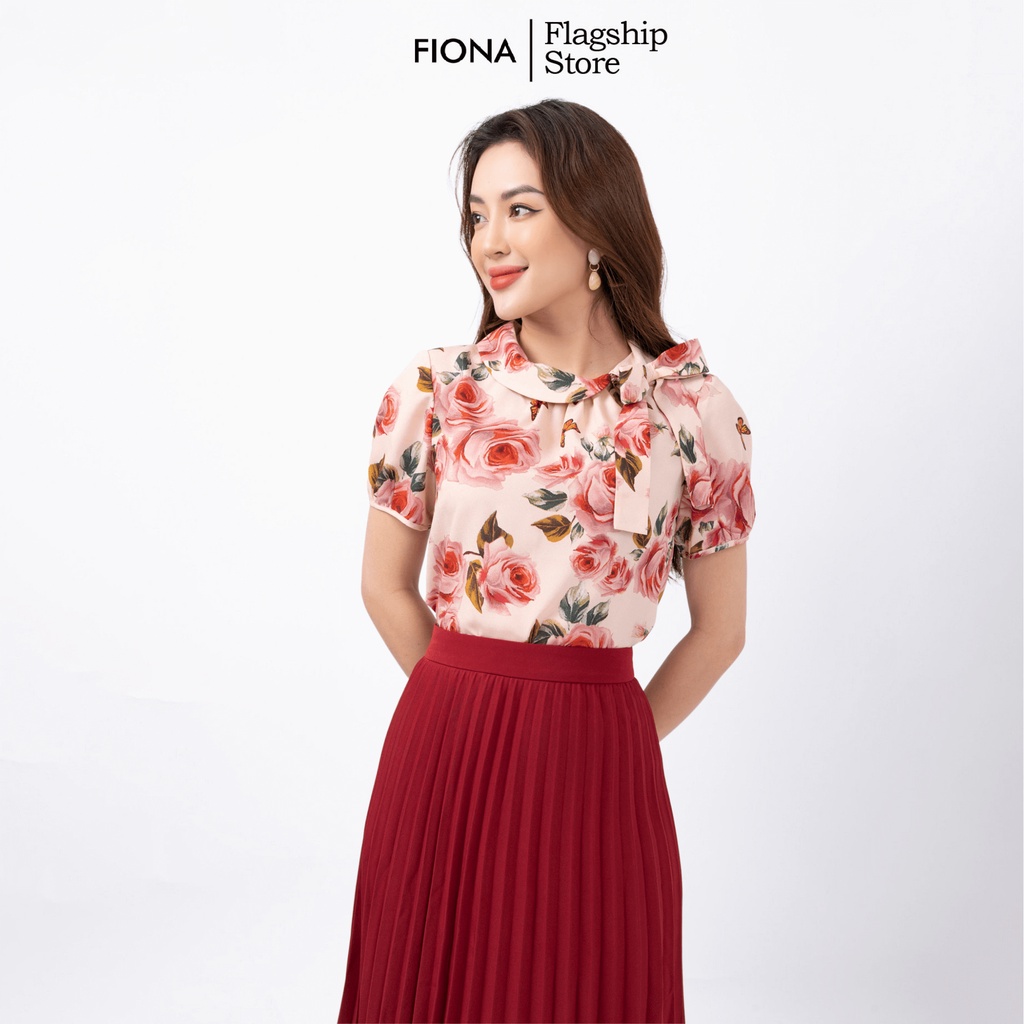 Áo sơ mi nữ FIONA dáng suông sơ mi công sở tay bồng cổ bẻ nhún ngực xẻ trước đính nơ trang trí F552158