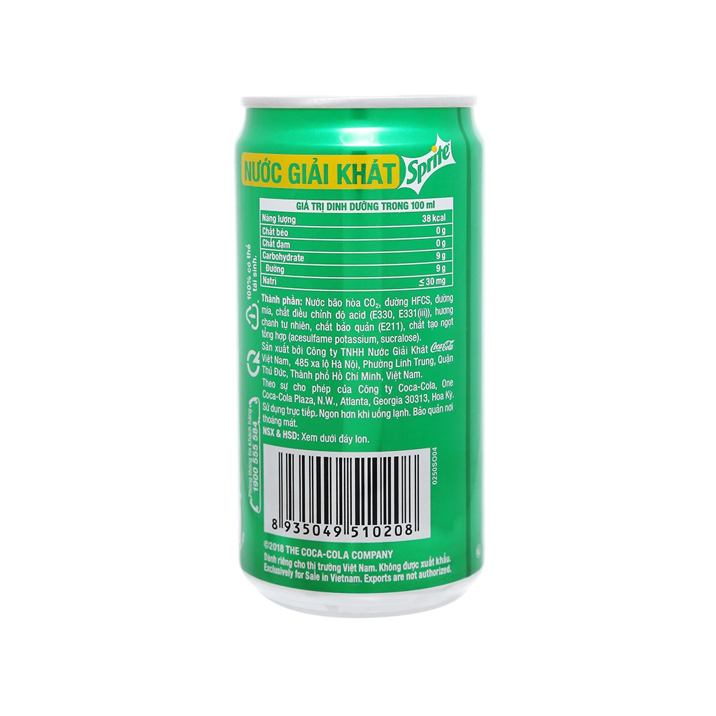 5 lon nước ngọt Sprite hương chanh 250ml