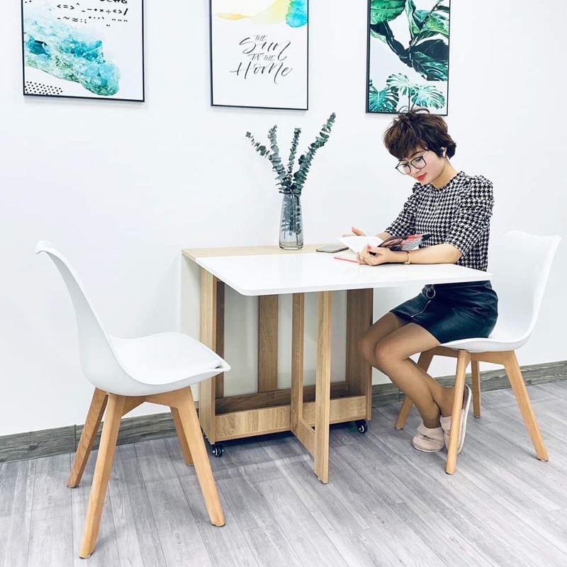 Bàn Ăn Thông Minh Có Bánh Xe , Bàn Ăn Gấp Gọn GP97.41 Trắng - Vân Gỗ