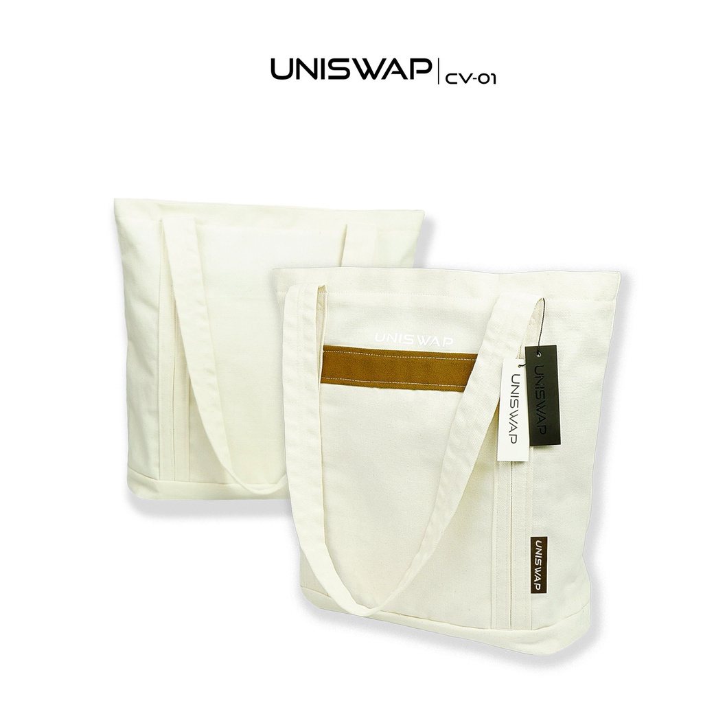 Túi tote vải Canvas, UNISWAP màu trắng xịn