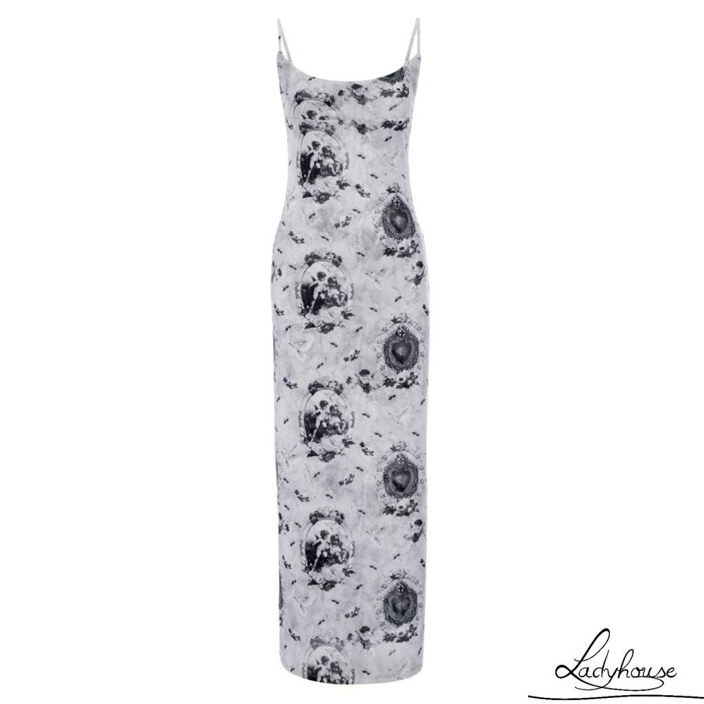 Đầm Hai Dây Ôm Dáng Xẻ Tà In Họa Tiết Thiên Thần Dành Cho Nữ Đi Tiệc Bãi Biển