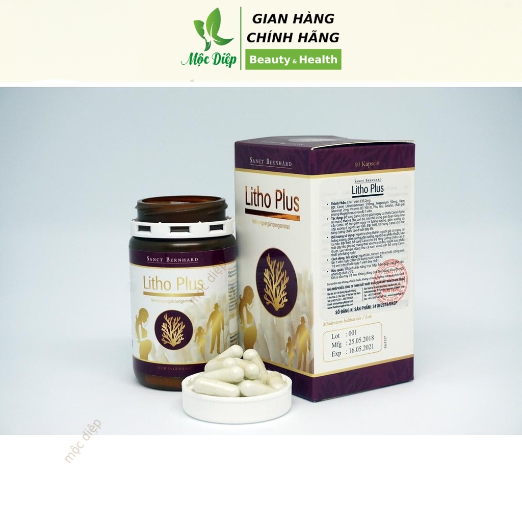 Canxi hữu cơ cho bà bầu Litho Plus 60 viên Đức dạng viên bổ sung Canxi bầu tảo đỏ - Mộc Diệp