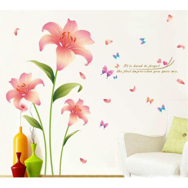 Decal trang trí Tường Hoa Loa Kèn Hồng Kem
