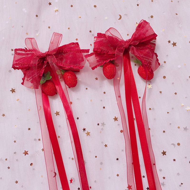 Kẹp Tóc Họa Tiết Caro / Dâu Tây Phối Ren Nhún Bèo Ngọt Ngào Phong Cách Lolita