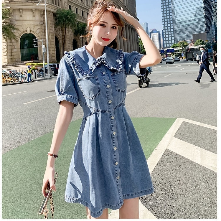 Đầm Denim Dáng Chữ a Tay Ngắn Cổ Búp Bê Phong Cách Phương Tây Thời Trang Mới 2022