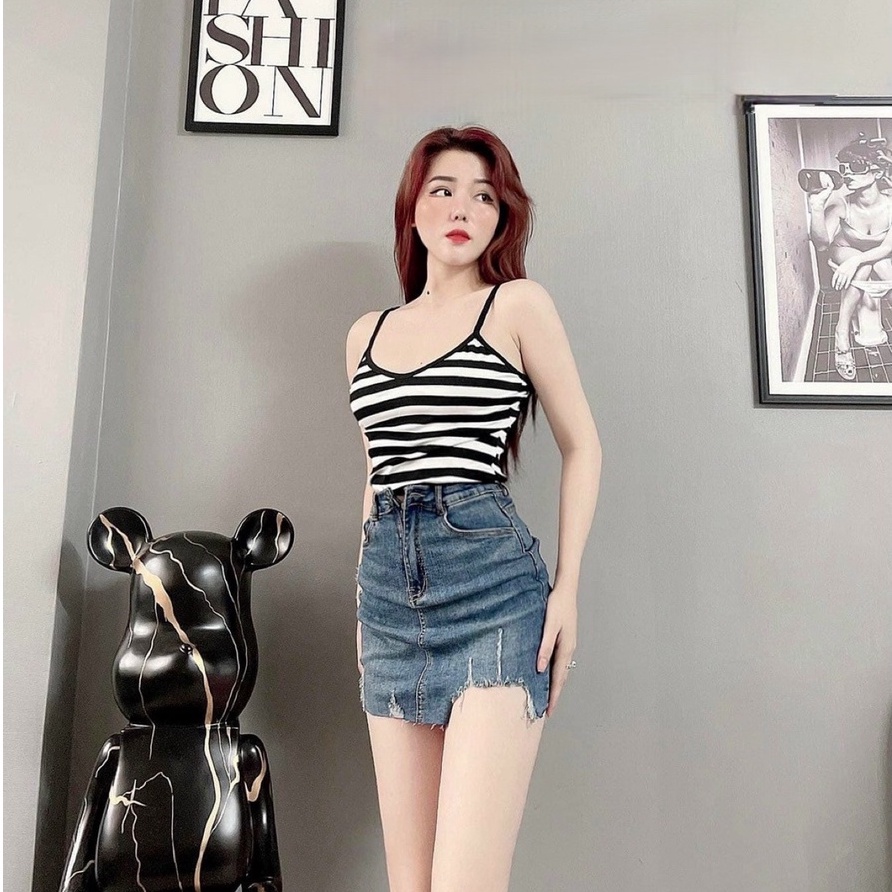 Váy jean nữ rách co giãn chân váy jean rách co giãn lưng siêu cao có lót quần