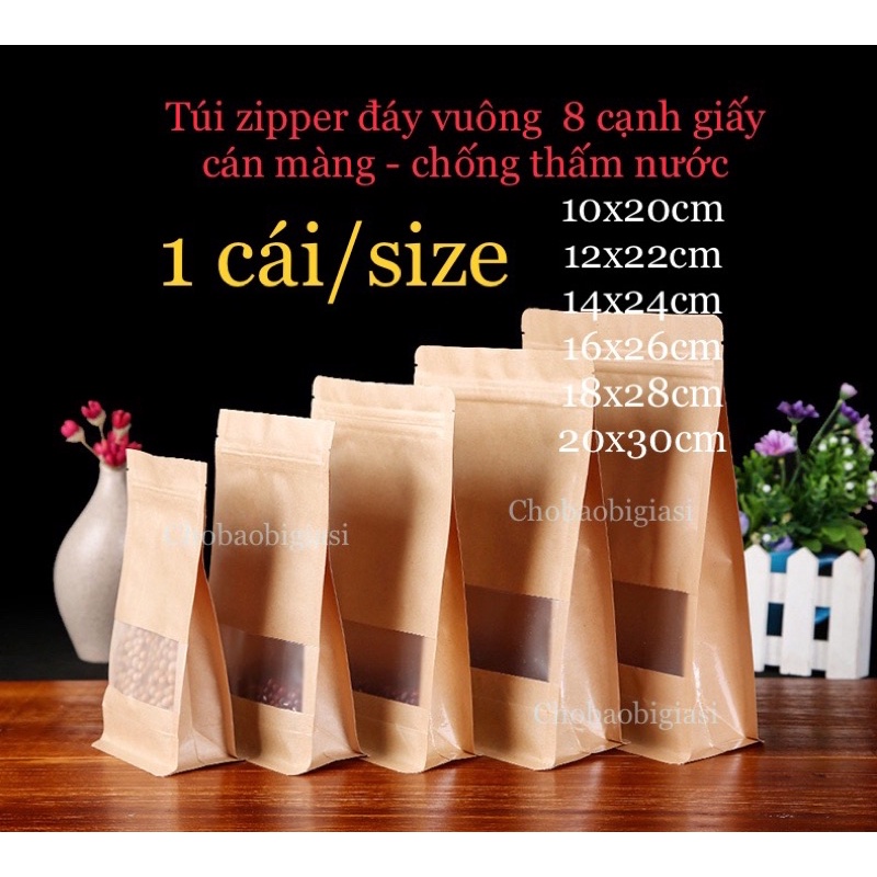 {Thử mẫu 1 cái/ size} Túi zipper giấy Kraft Vàng 8 CẠNH đáy đứng cửa sổ tràn có CÁN MÀNG - CHỐNG THẤM NƯỚC (sp y hình)