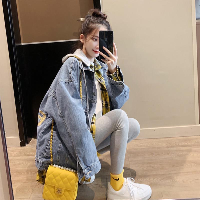 Áo Khoác Denim Có Nón Dáng Rộng Thêu Chữ Phong Cách Hàn Quốc Mới Cho Nữ