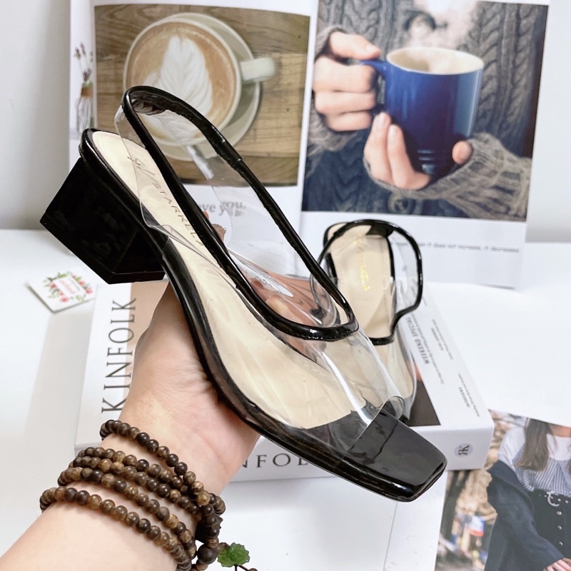 Sandal quai mica hở mũi vuông gót da bóng 3p