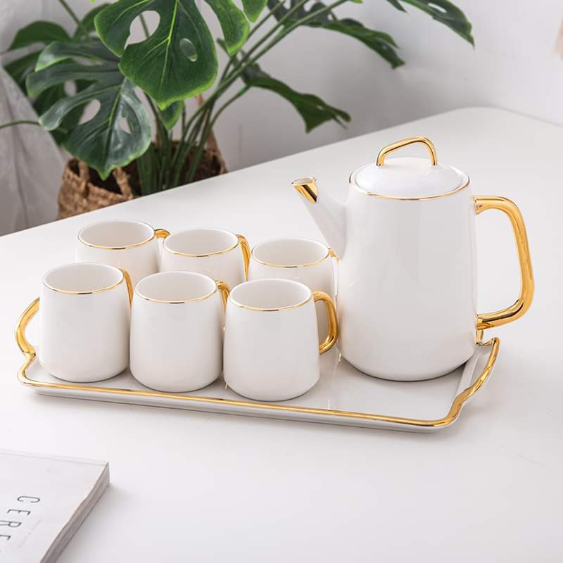 BỘ ẤM CHÉN KÈM KHAY BẰNG SỨ MÀU XANH CỔ VỊT,MÀU TRẮNG VIỀN VÀNG