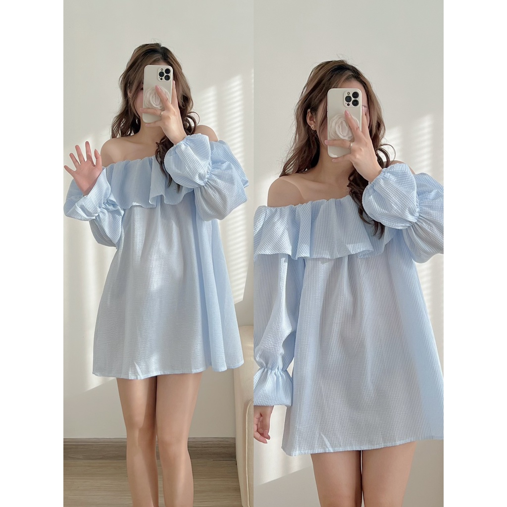 Áo Váy Xốp Trễ Vai Kẻ Xanh Dài Tay Bèo Chun