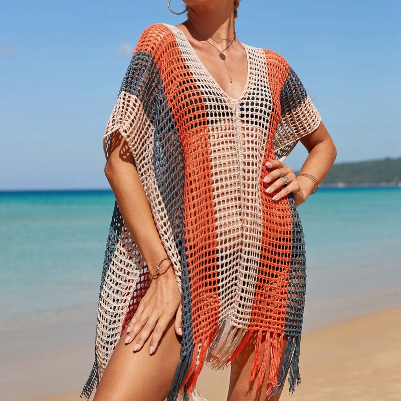 Brroa Đầm Dệt Kim Tay Ngắn Dáng Rộng Cổ Chữ V Màu Cầu Vồng Thời Trang Đi Biển Mùa Hè Cho Nữ