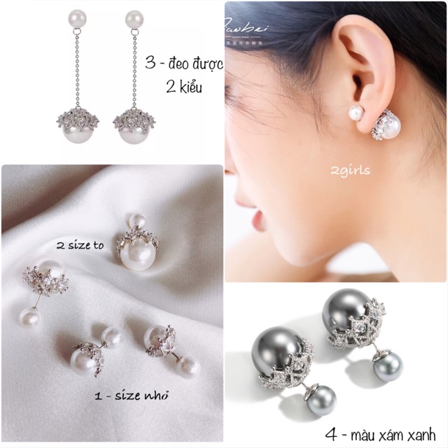 Bông tai bạc s925 30% đính đá 2 hạt trai nhân tạo