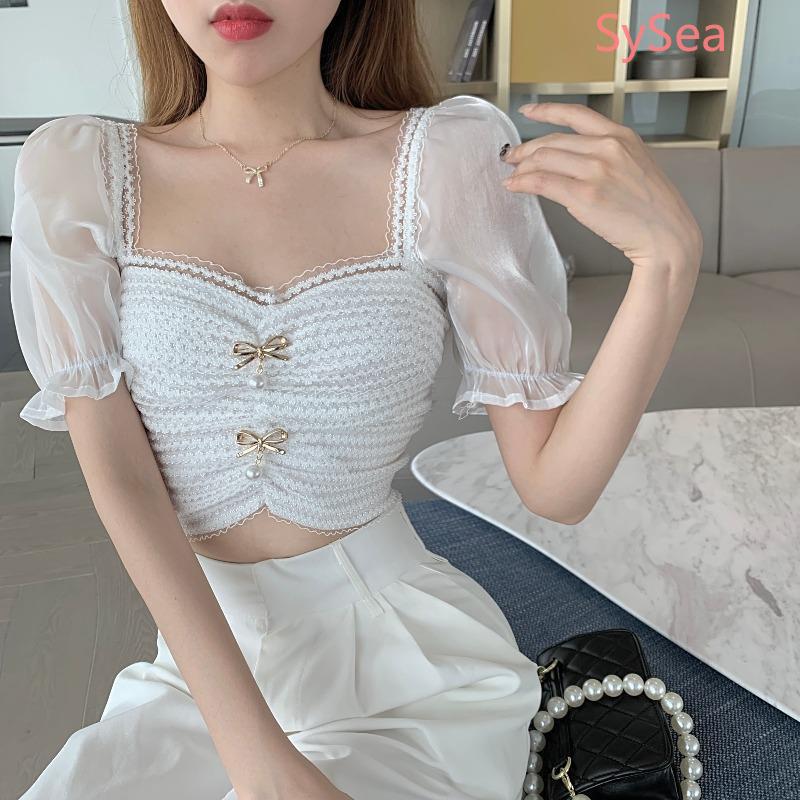 Áo Croptop Tay Ngắn Phối Ren Thời Trang Mùa Hè Cho Nữ