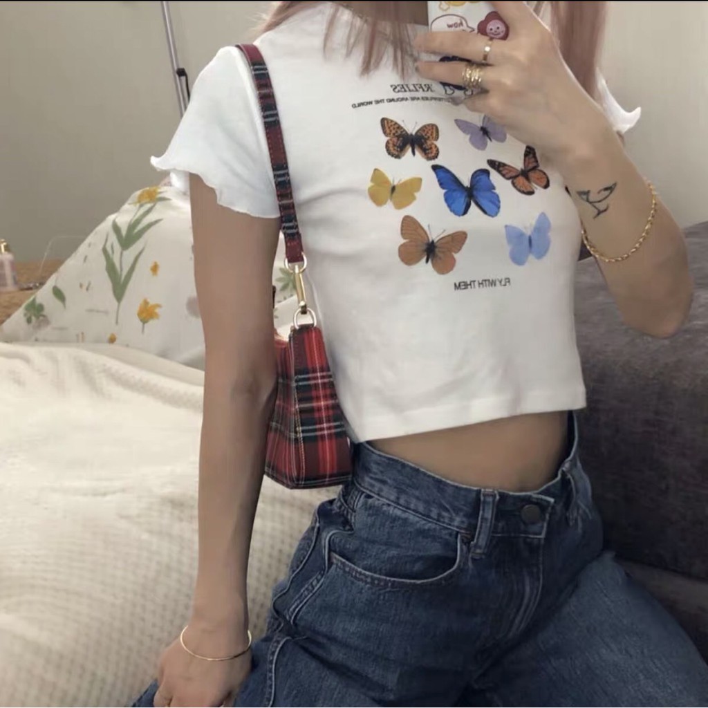 áo croptop in hình bướm butter chất đẹp xinh