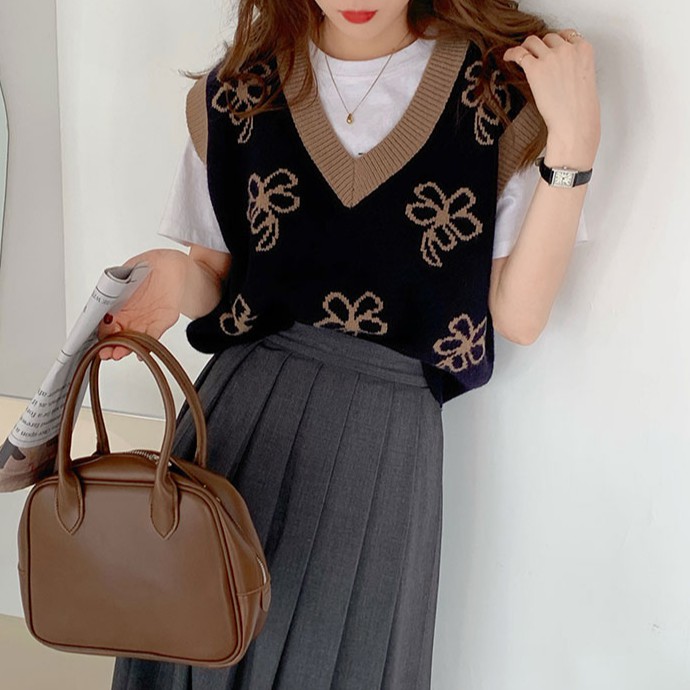 Áo Sweater Không Tay Cổ Chữ V Họa Tiết Hoa Xinh Xắn Cho Nữ | BigBuy360 - bigbuy360.vn