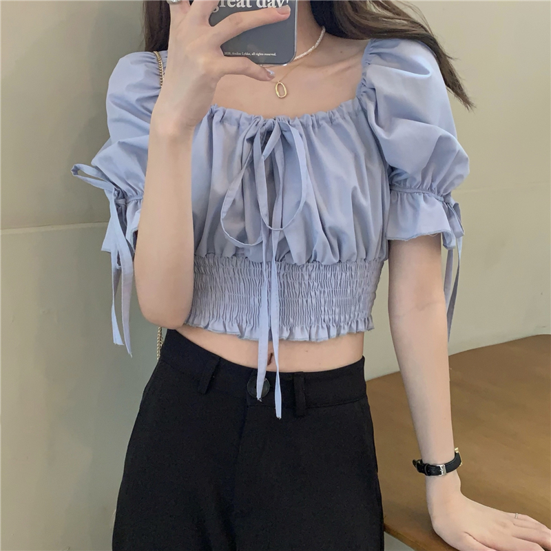 Áo croptop ngắn tay với thiết kế cổ vuông xinh xắn theo phong cách Hàn Quốc 42858