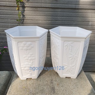 Bộ 02 chậu nhựa trồng hoa lục giác bầu 26x23cm màu trắng khắc hoa sang trọng và tinh tế