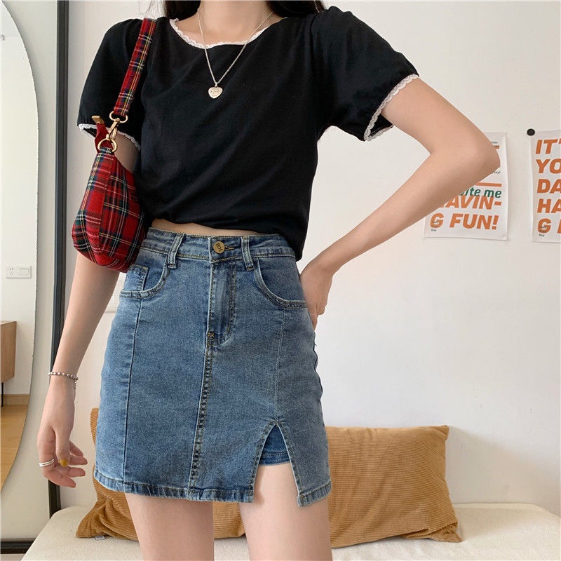 chân váy jean Lưng Cao Xẻ Tà Phong Cách Hàn Quốc Size S-Xl 2021