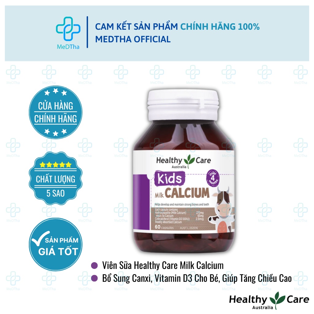 Viên Sữa Healthy Care Milk Calcium - Canxi Cho Bé, Vitamin D3, Tăng Chiều Cao (Lọ 60 Viên) [Chính Hãng]