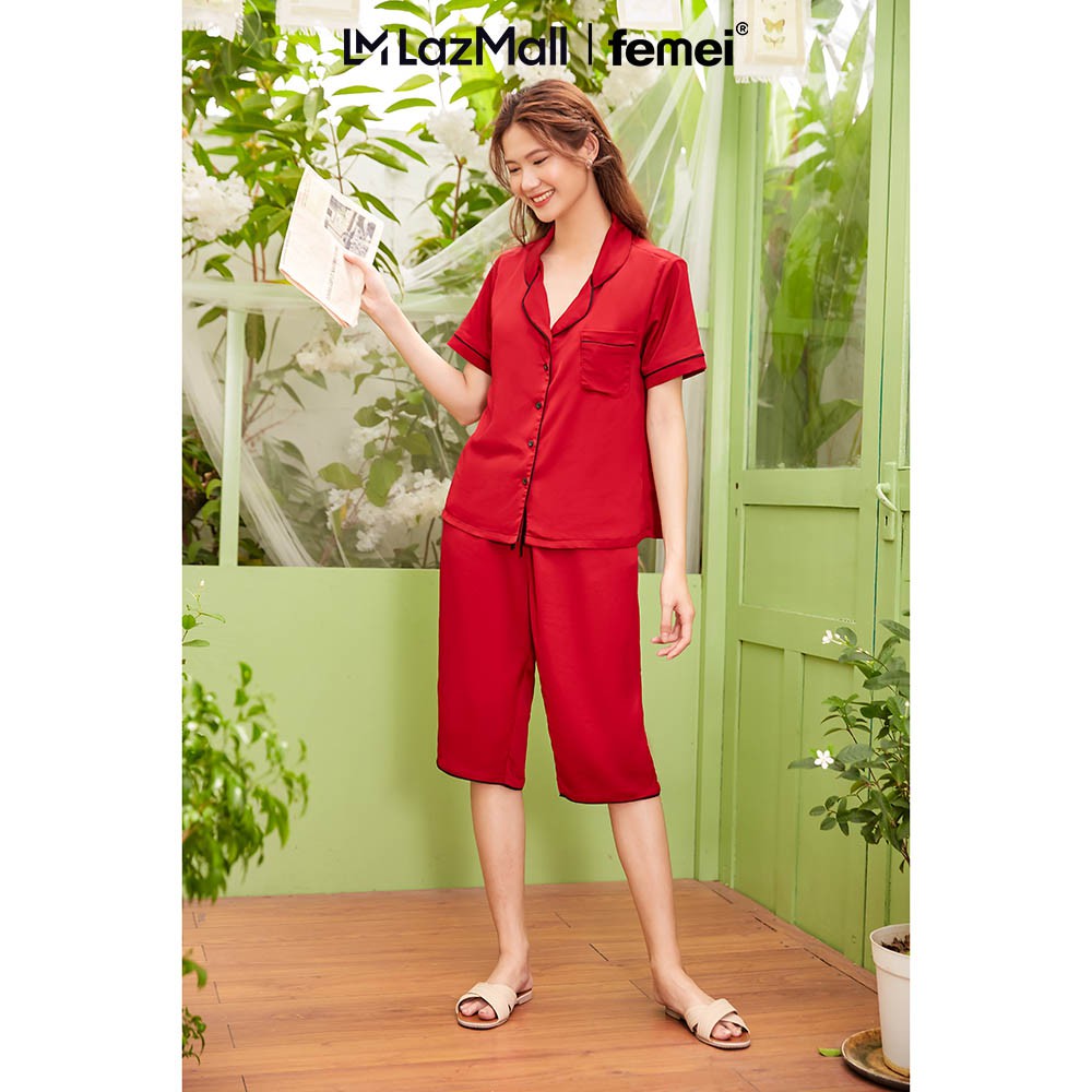 [Mã LT50 giảm 50k đơn 250k] FEMEI - Bộ pijama lụa lửng đen phối viền hồng PNC036