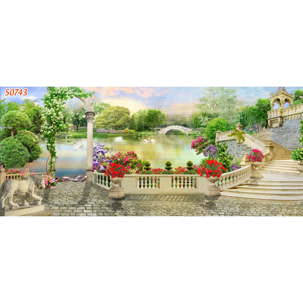 Tranh dán tường 3D cảnh rừng cây hùng vỹ, phong cảnh vùng quê