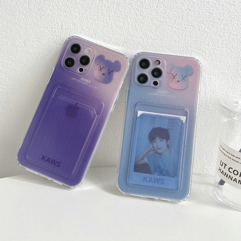 Soft Clear Card Package Phone Case Compatible for iPhone 13 11 12 Mini Pro XR X XS Max SE 2020 6 6S 7 8 Plus Motif Kaws Bear