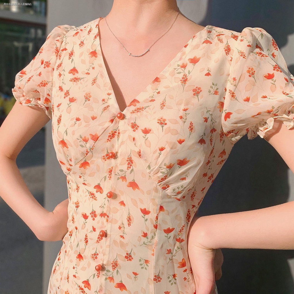 ❉♛№Đầm Tay Ngắn Cổ Chữ v Họa Tiết Hoa Xinh Xắn Cho Nữ | BigBuy360 - bigbuy360.vn