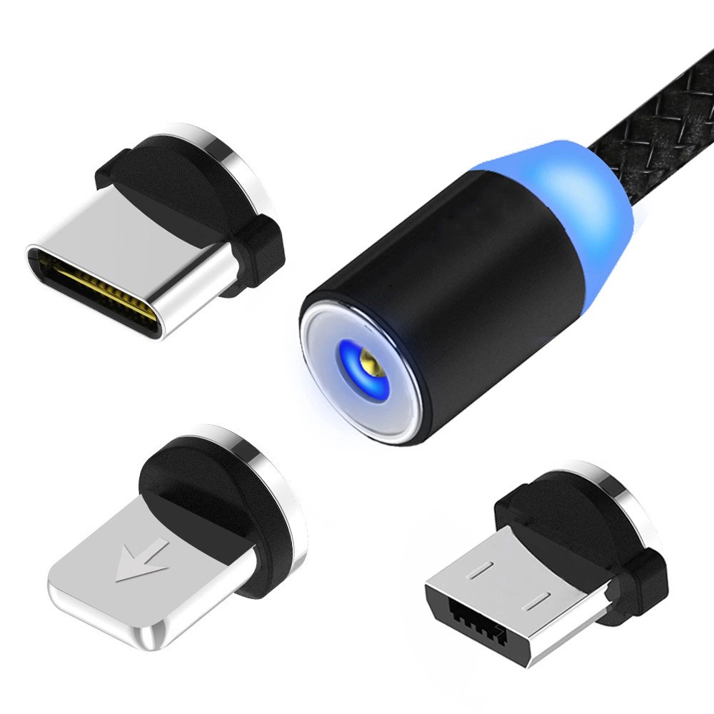 Cáp sạc từ hút nam châm đầu Iphone | micro USB | Type C xoay 360 độ dây dù, có LED cao cấp magic