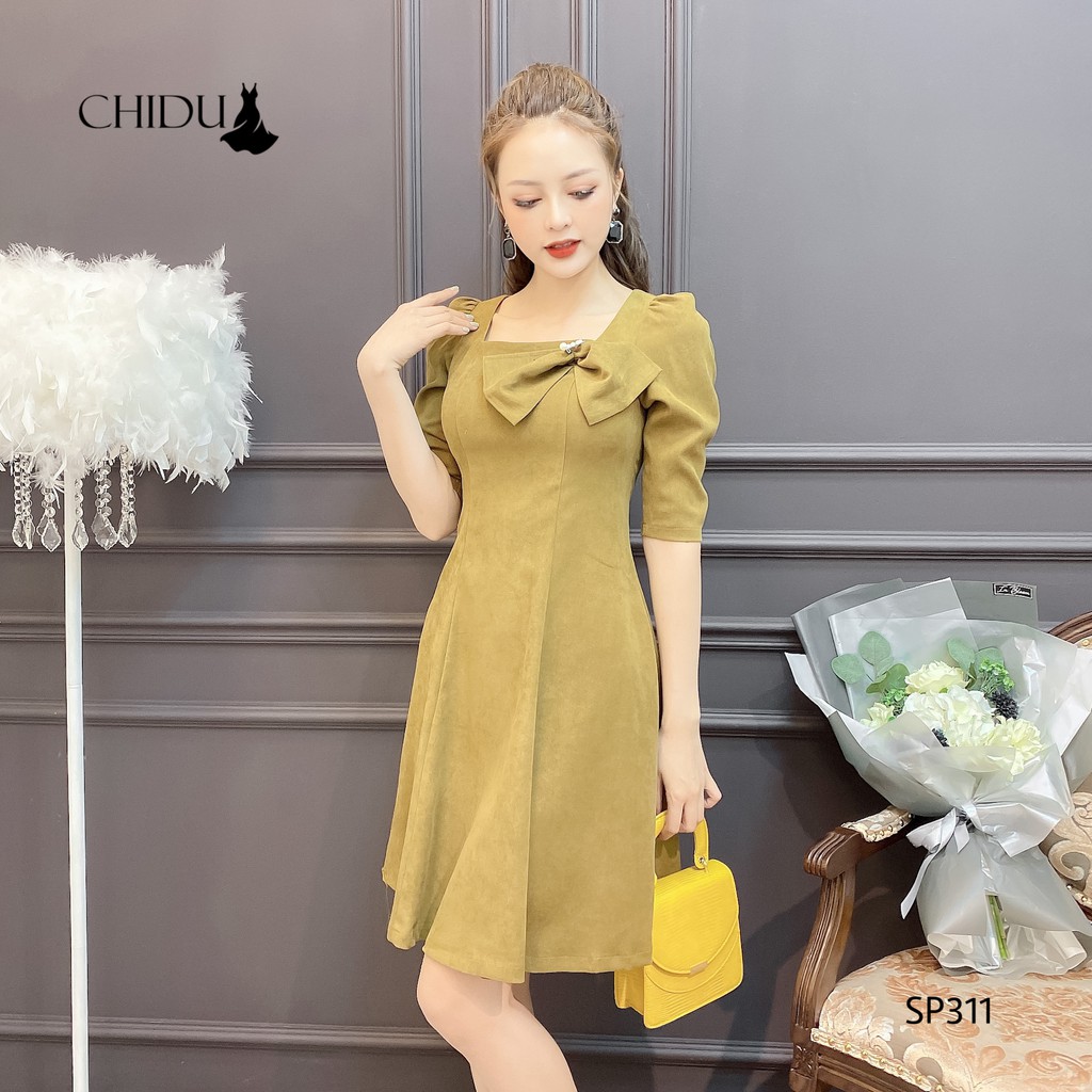 CHIDU váy nhung cổ vuông đính nơ - SP311 | BigBuy360 - bigbuy360.vn