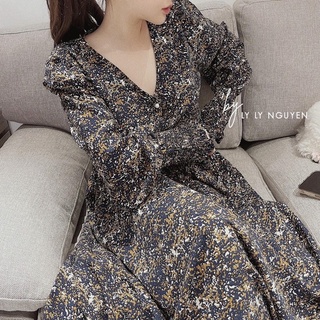 Váy babydoll dáng dài đầm hoa nhí vàng đen hàn quốc dài tay vintage tiểu thư đẹp