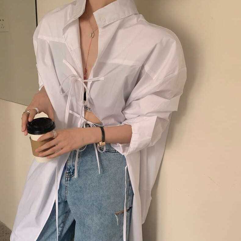 Áo Sơ Mi Dáng Rộng Thiết Kế Lưng Và Phía Trước Phong Cách Hàn Quốc Cho Nữ