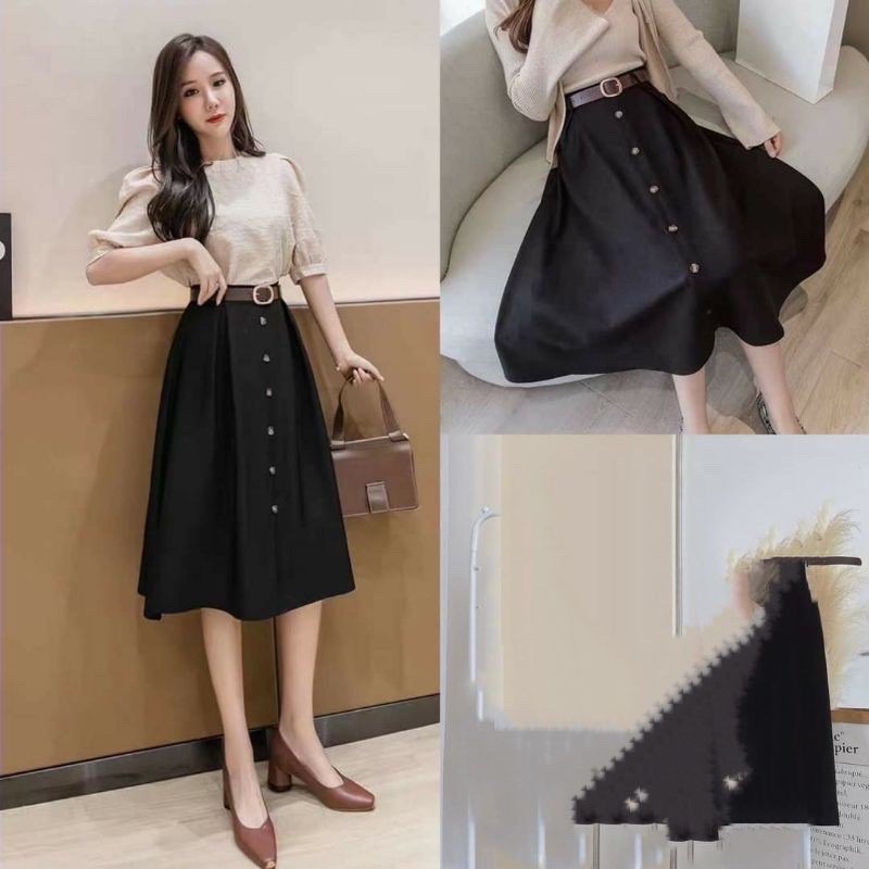 Chân váy công sở dáng dài ,chân váy midi đính 5 khuy vải tuyết mưa-m804