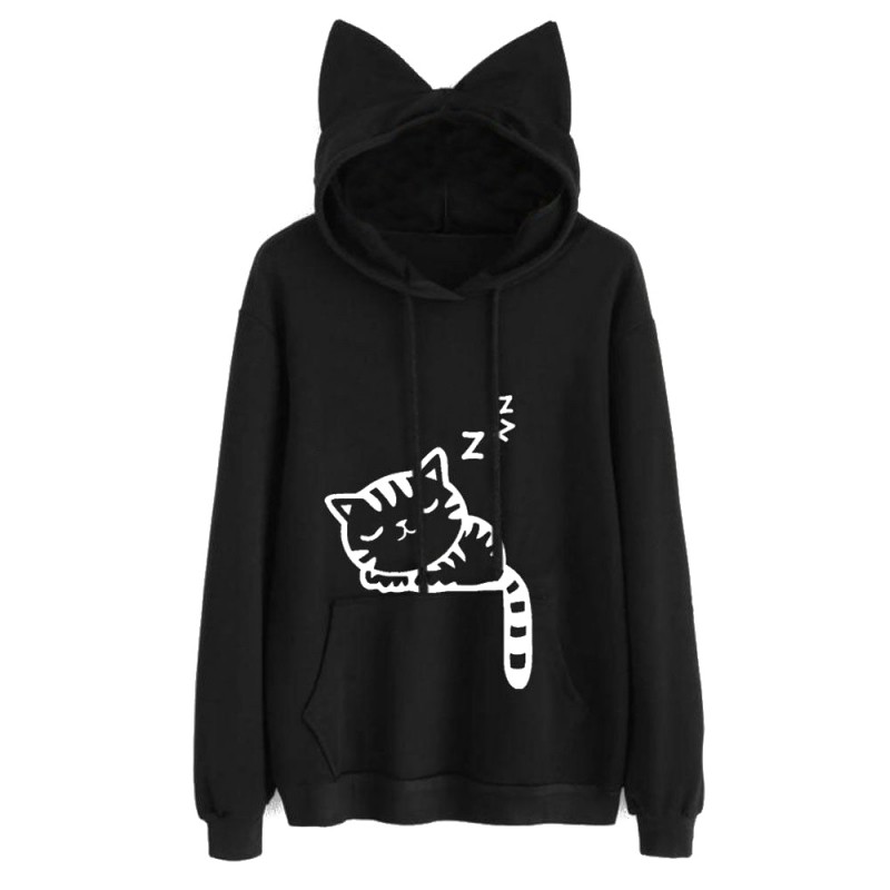 [Baywellfashion]Áo hoodie màu trơn nón tai mèo đáng yêu cho nữ