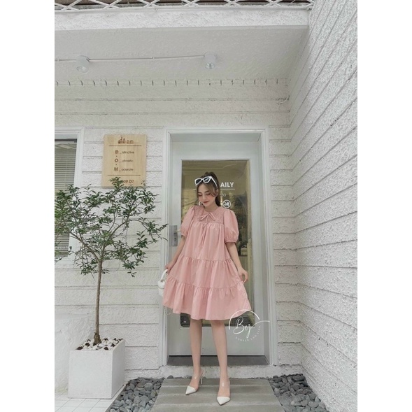 🔅Đầm BabyDoll Hồng Tay Thắt Nơ