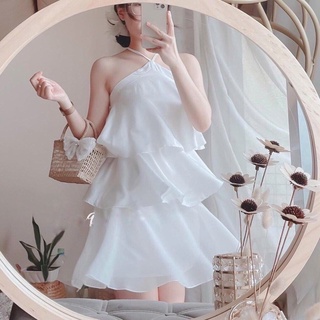 Đầm váy freesize trắng cổ yếm 3 tầng