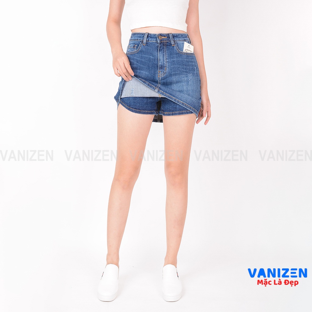 Chân váy jean nữ có quần bên trong đẹp lưng cao cạp cao xước nhẹ gấu căn bản hàng hiệu cao cấp mã 457 VANIZEN