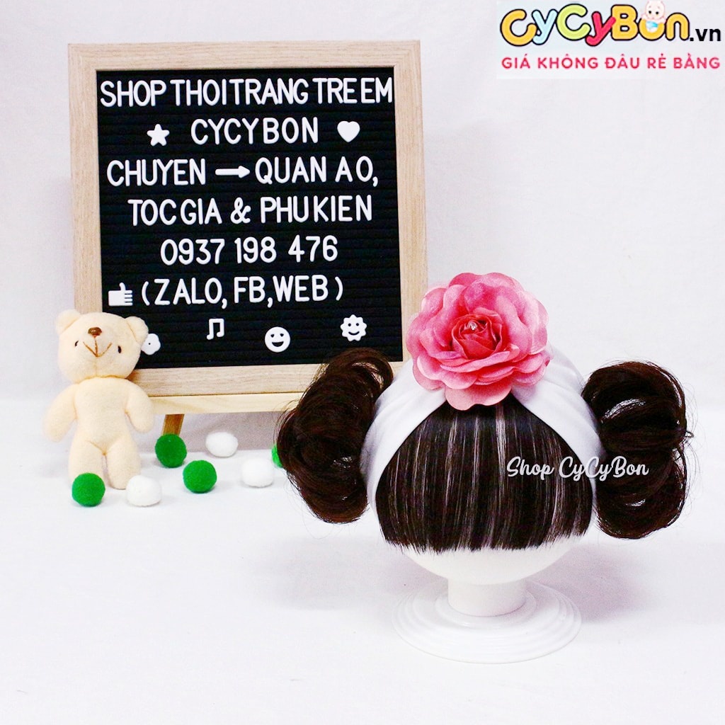 Mũ Nón Turban Tóc Giả Cho Bé Gái Thun Cotton Màu Trắng Đính Bông Hồng Ruốc- Kèm Tóc Mái Và Tóc Giả 2 Bên - Có Đủ Size