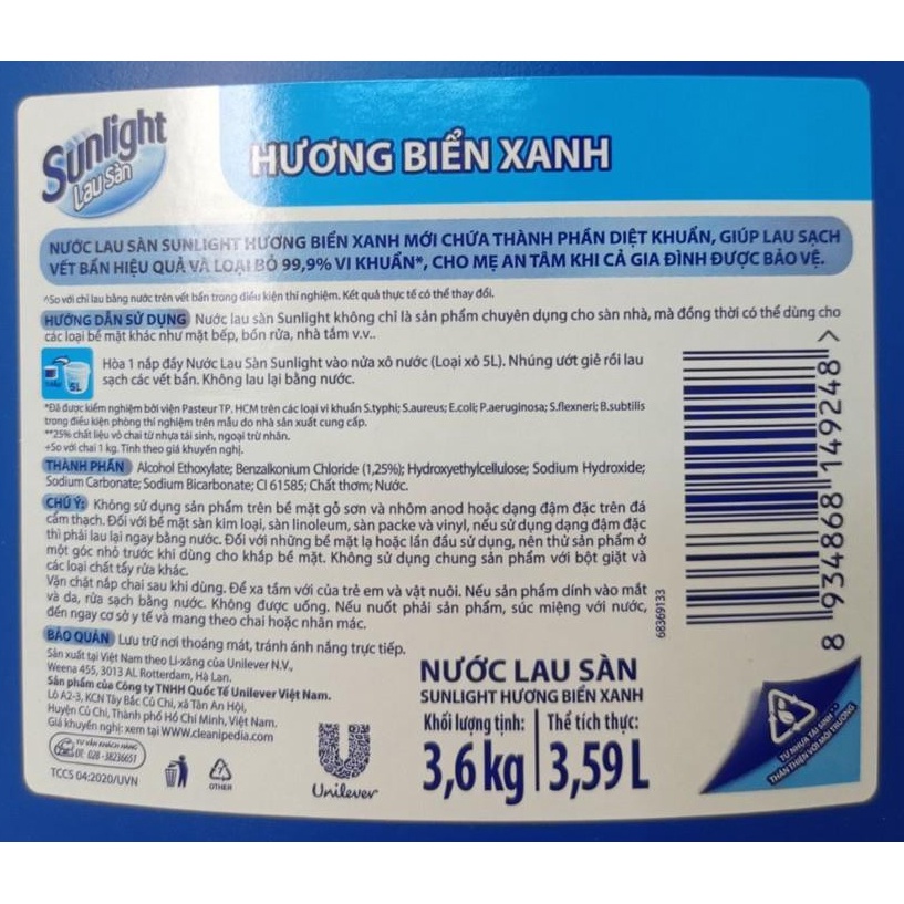 Nước Lau Sàn Sunlight Hương Biển Xanh Loại Bỏ 99,9% Vi Khuẩn 3.6kg - Sáng bóng, sạch khuẩn an tâm phòng dịch