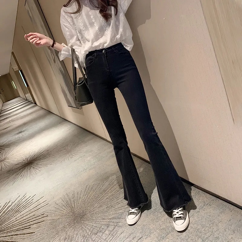 Quần jean IELGY lưng cao ôm dáng ống loe phong cách Hàn Quốc cá tính thời trang dành cho nữ