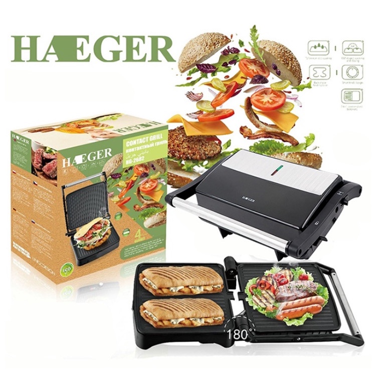 [Mã 155ELSALE giảm 7% đơn 300K] Máy nướng bánh mì, máy ép bánh mỳ, nướng thịt bò steak Cao cấp Haeger 1000W