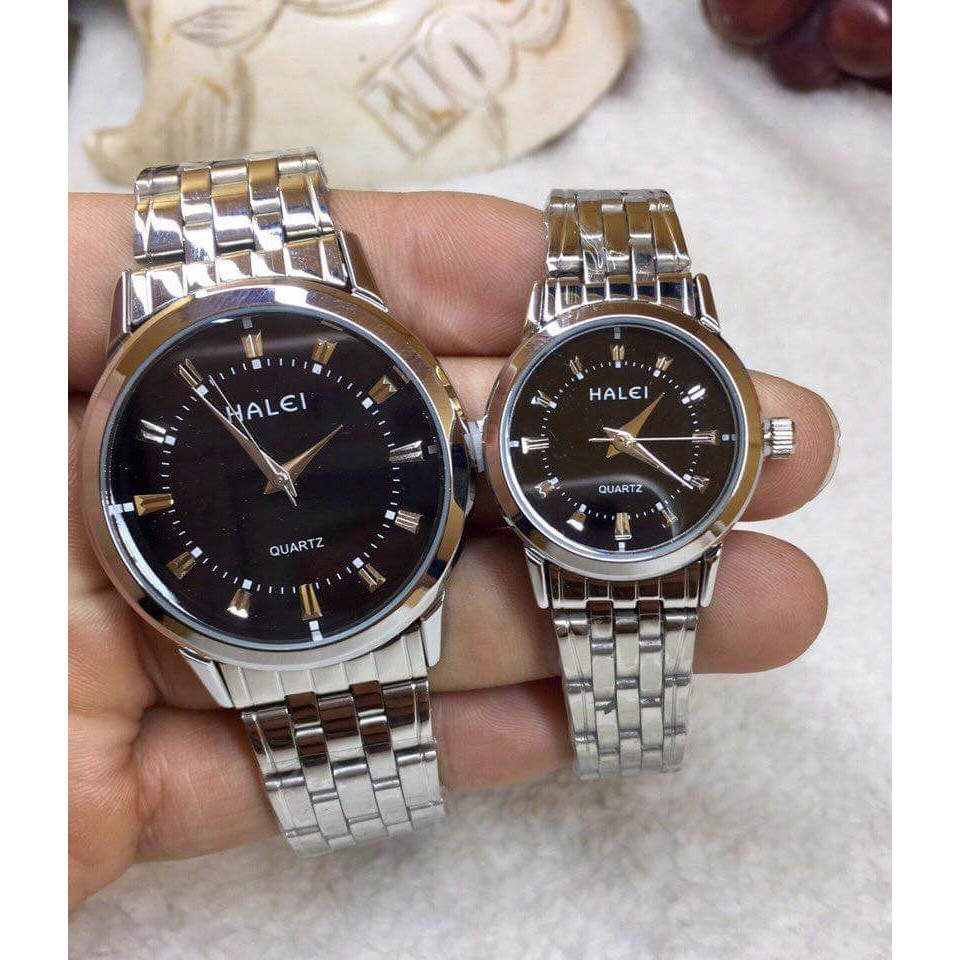 Đồng hồ cặp đôi nam nữ Halei mặt đen dây da kim loại chính hãng Tony Watch 68