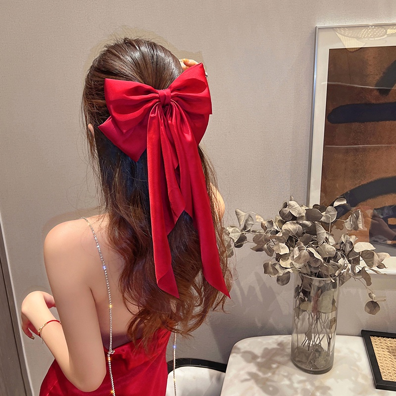 Kẹp tóc AY đính nơ lớn vải lụa màu trơn tua rua thời trang đơn giản thanh lịch dành cho nữ