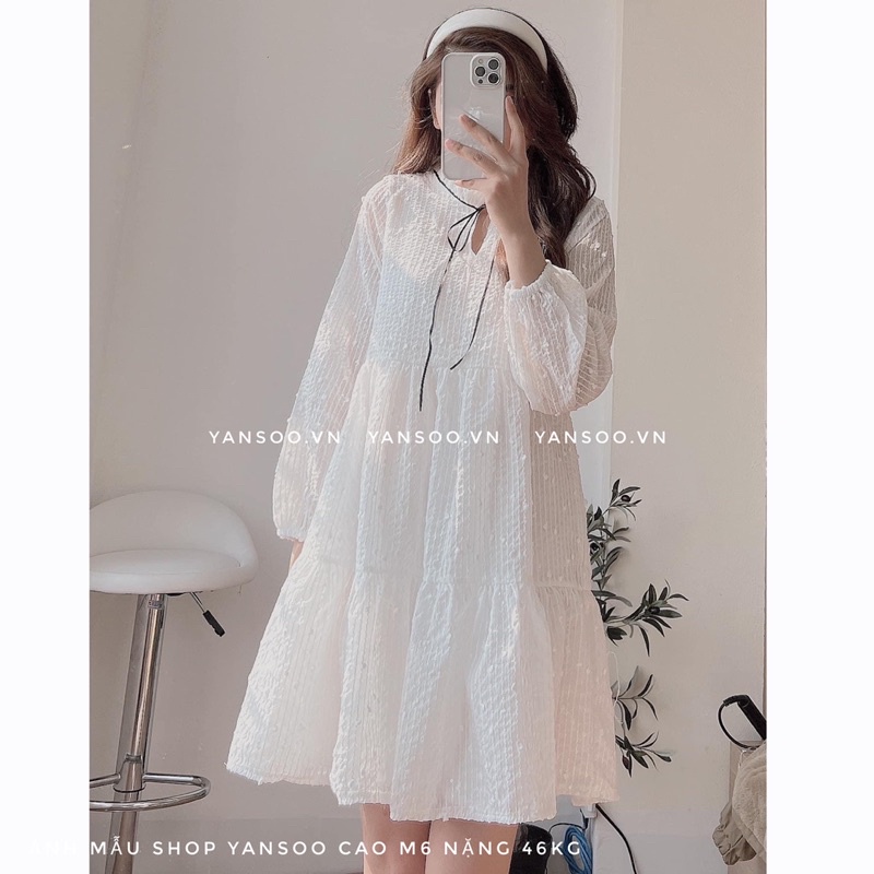 Váy babydoll trắng ren hạt hai lớp cổ nơ tay bồng , đầm bánh bèo  by YANSOO